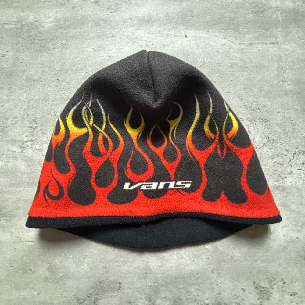 Vans Beanie One Size Black Red Yellow Flame Graphic Fleece Skater Y2K Hat